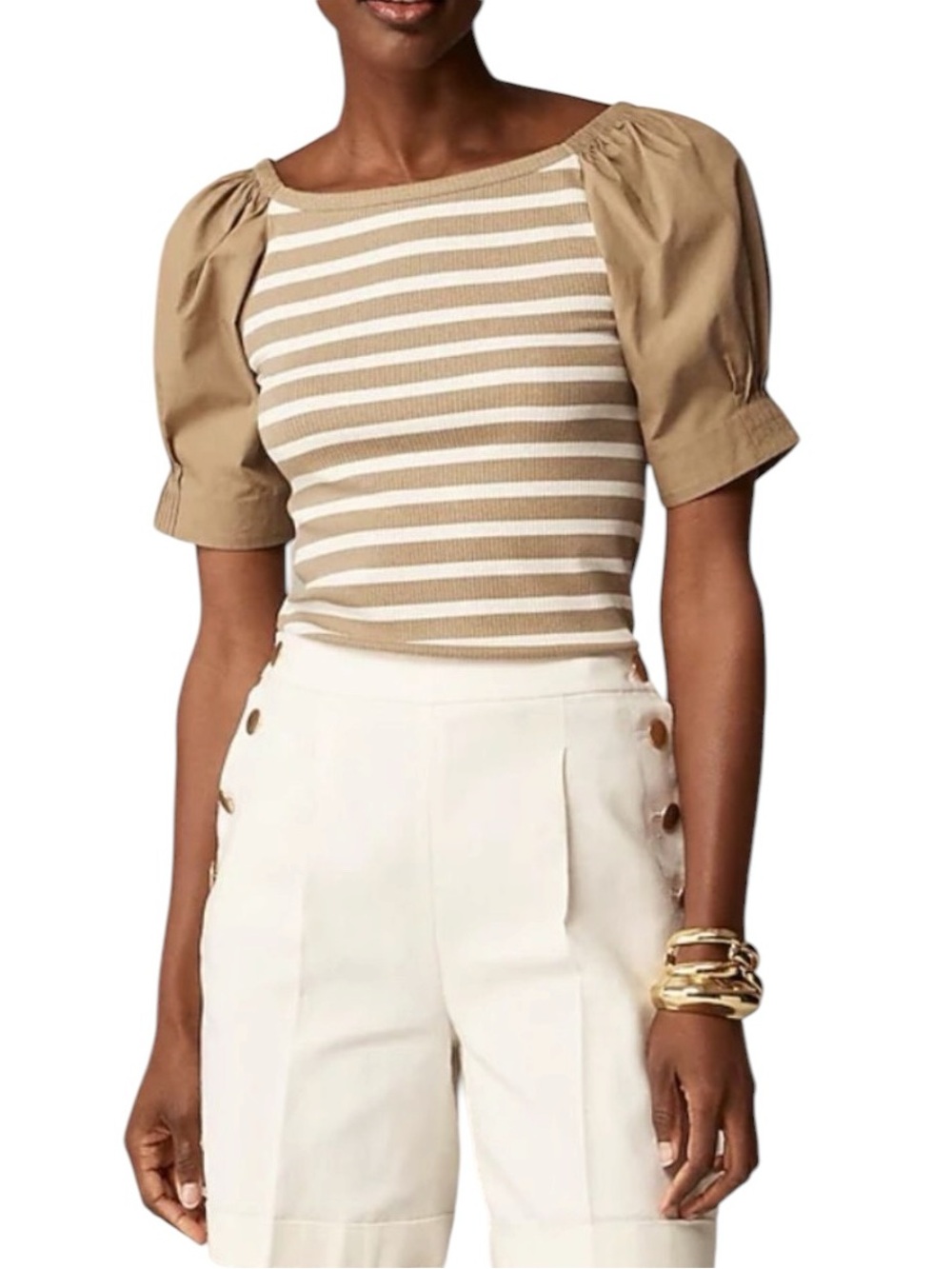 J. Crew Striped Puff Sleeve Square Neck Ribbed Size Small Top Brown White